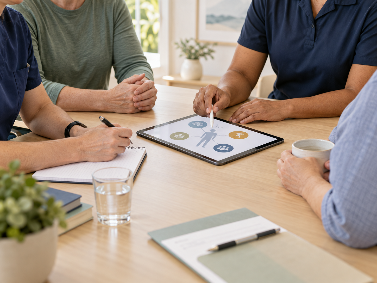 A patient and clinicians working together around one coordinated care plan