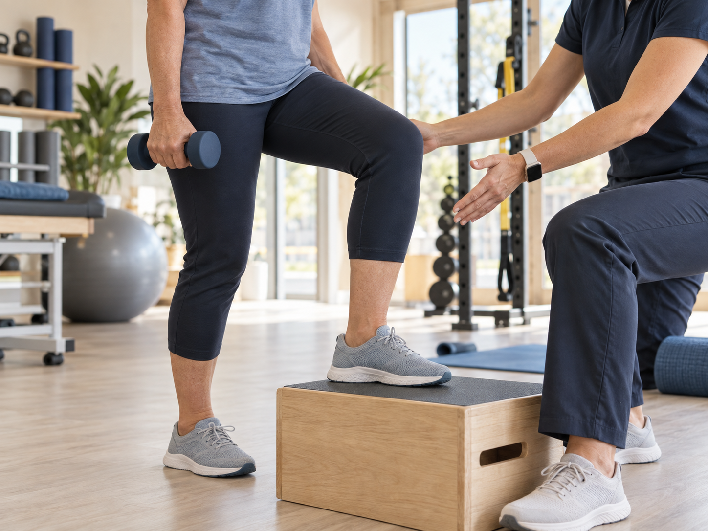 An exercise physiologist supporting a patient through controlled rehabilitation exercise