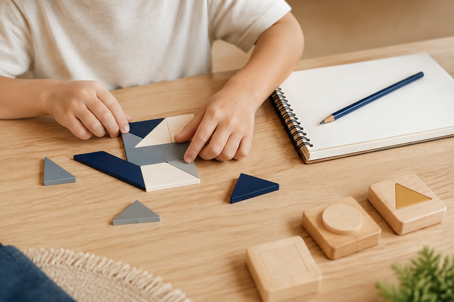 A child’s hands completing a geometric activity beside a notebook and pencil