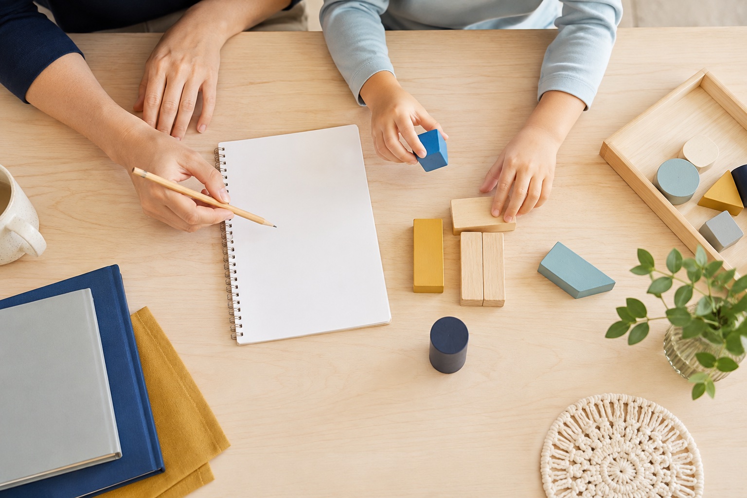 A child and supportive adult working together with wooden shapes and a notebook
