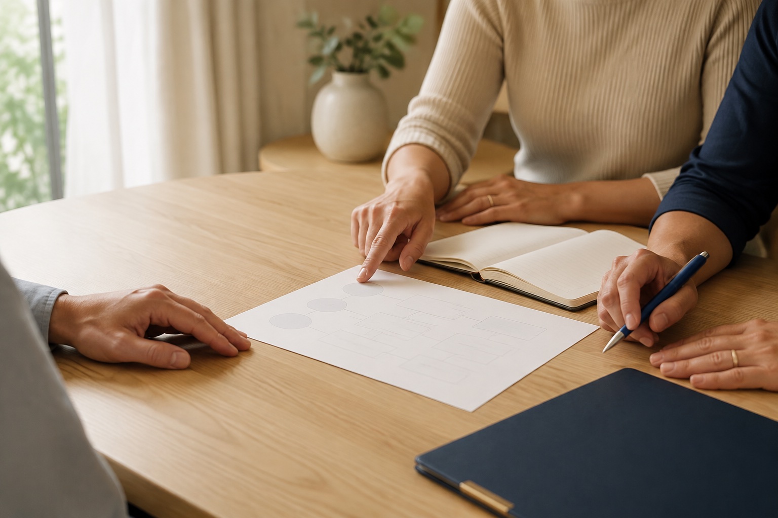 A coordinated care plan being developed across several disciplines, without faces shown