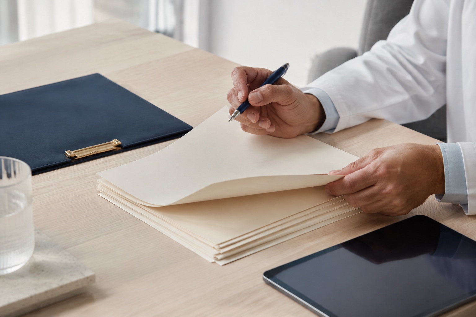 A professional reviewing a structured report and supporting documents, without faces shown