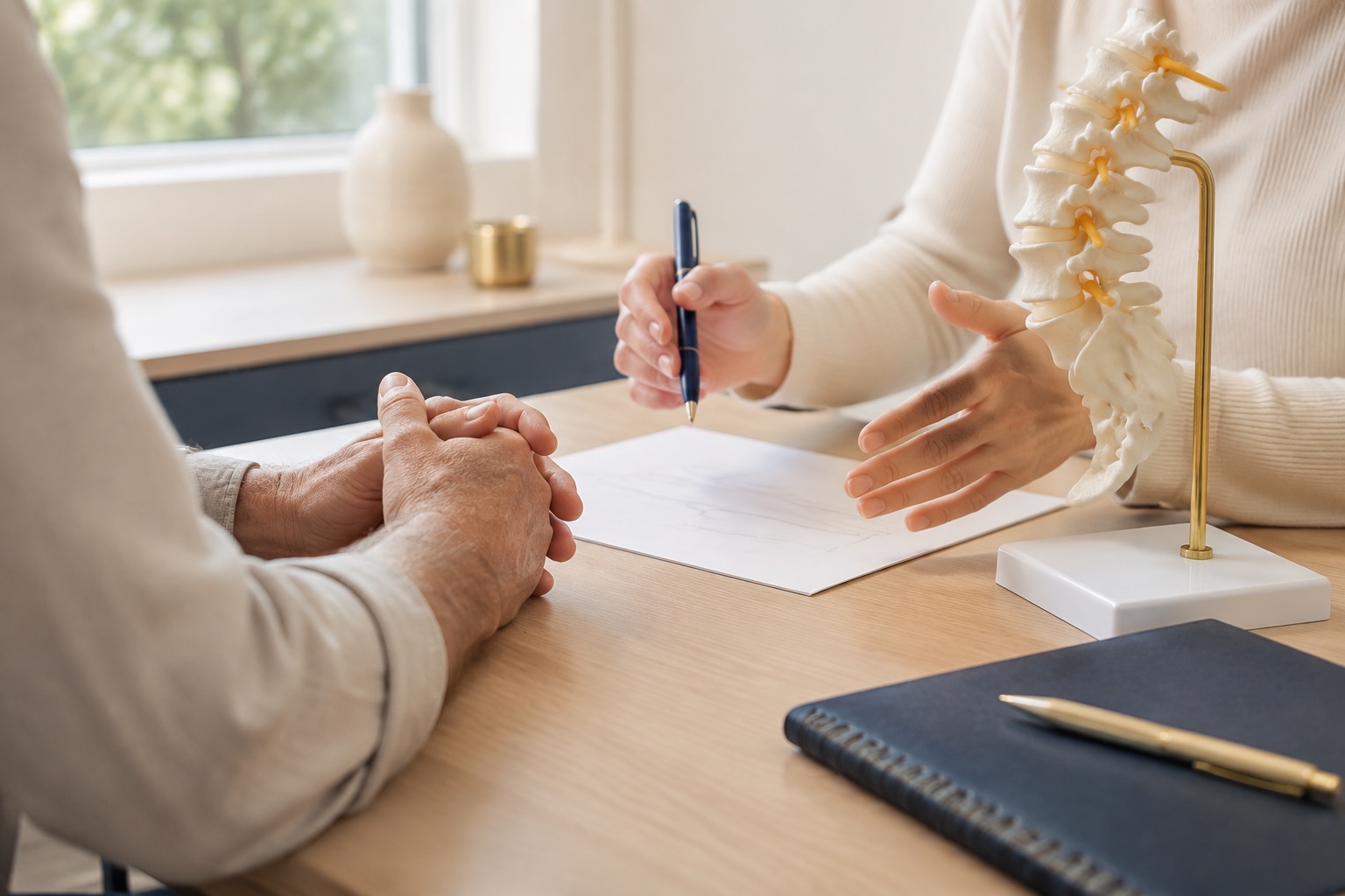 A clinician reviewing medical information with a patient, without faces shown