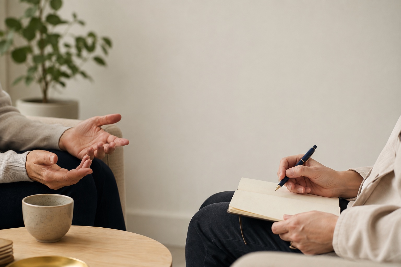 A welcoming counselling room with warm natural details, without faces shown