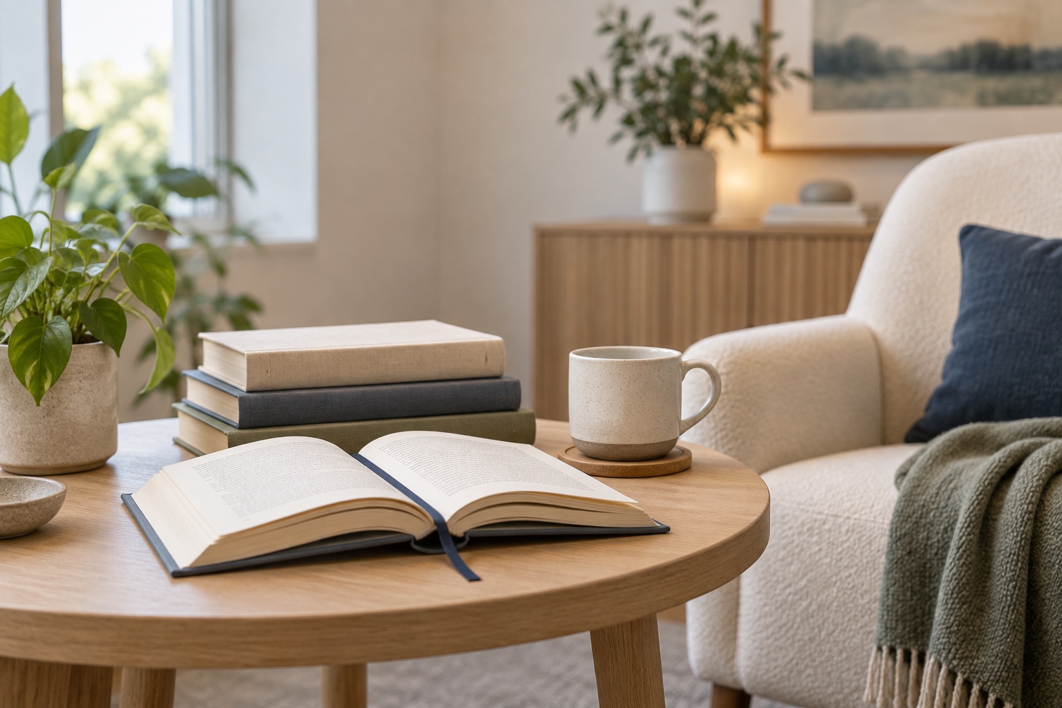 A quiet reading corner with books and natural light