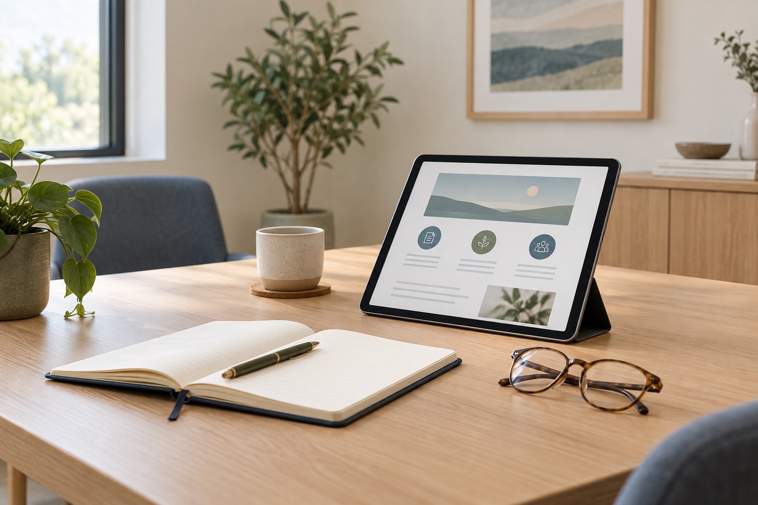A calm consultation space with a tablet, notebook and reading glasses