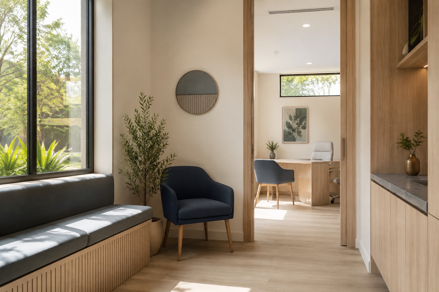 A warm, calm clinical consulting space at Harmony